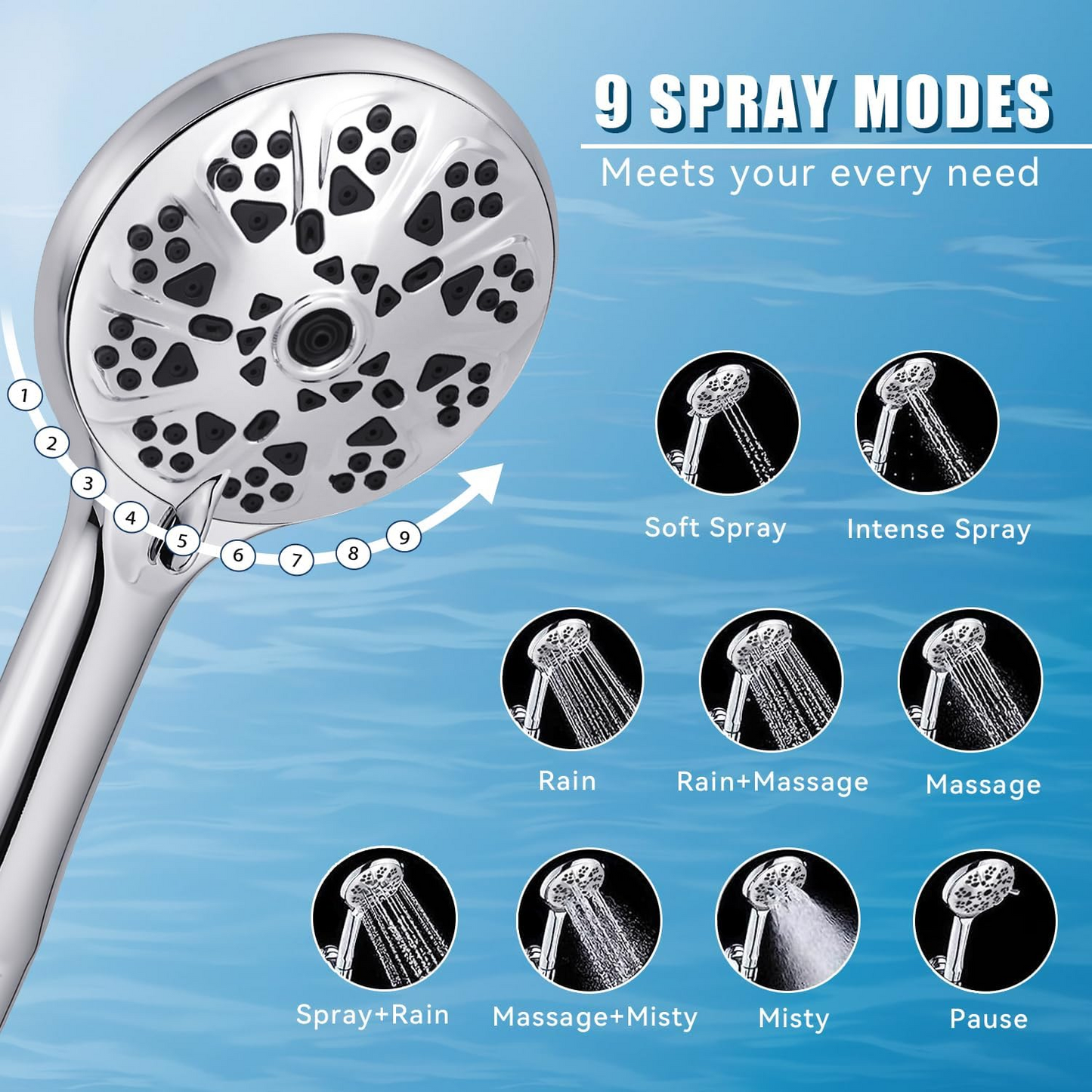 Shower Head, 9 Functions Spray Settings Handheld Showerhead