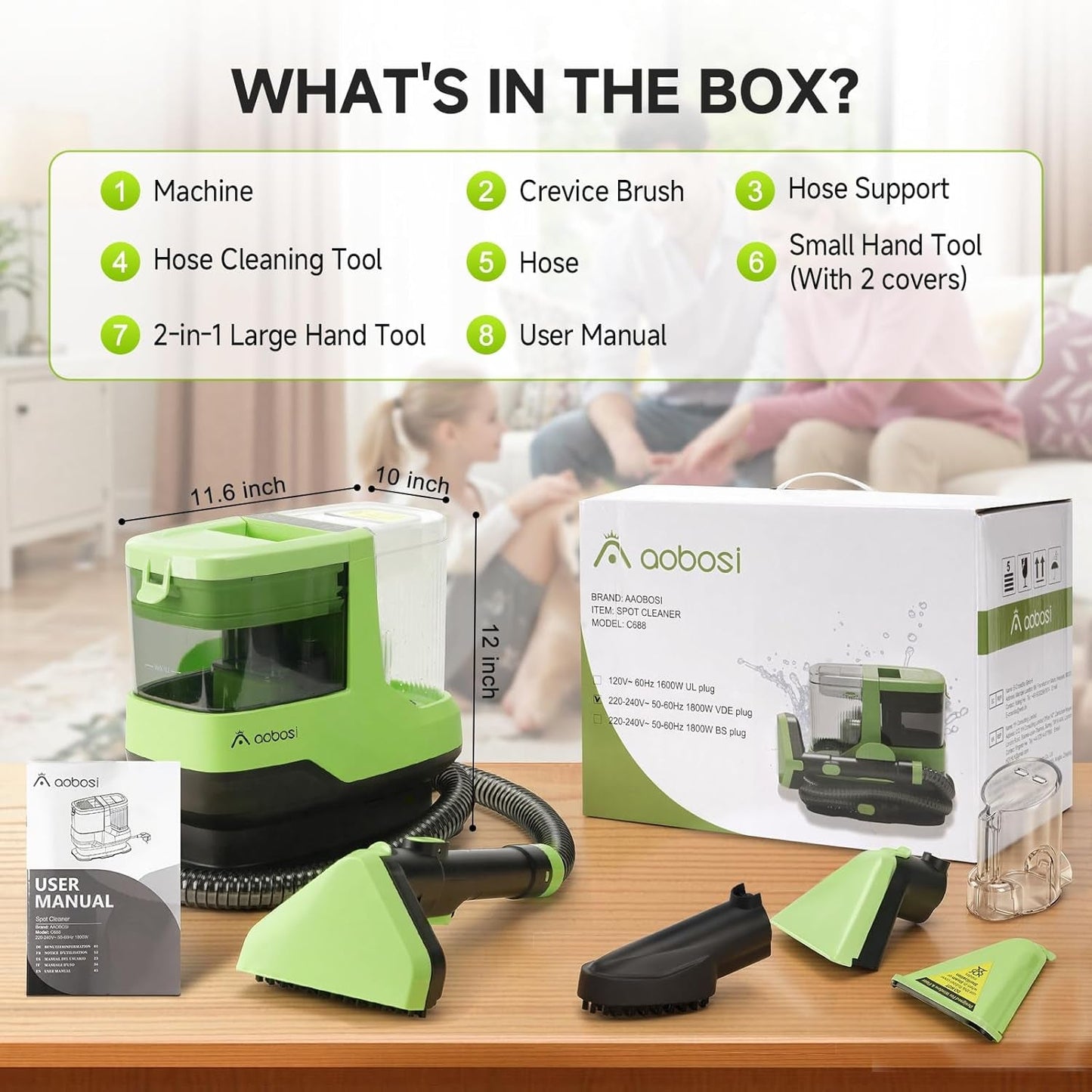 1800W Carpet and Upholstery Cleaner, Stain and Spot Remover with 17Kpa Suction, Self-Cleaning Function, 4 Cleaning Tools, Deep Cleaning for Pet Messes, Carpets, Rugs, Couch & Car, Green