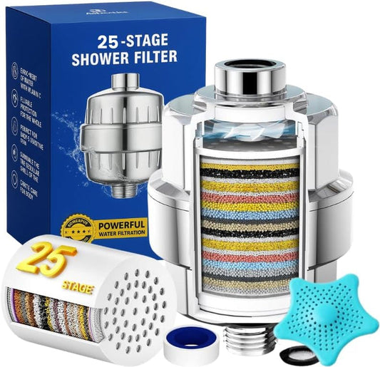 Shower Filter for Hard Water – 25 Stage High Output Shower Head Filter, Removes Chlorine & Impurities, Prevents Dry Skin, Hair Damage & Itchy Scalp – Universal Bathroom Shower Water Softener (Chrome)